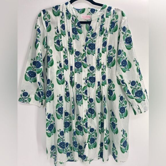 Mary Marshmallow Tunic Dress Green Blue Floral Button Down 100% Cotton Size XS - Picture 1 of 5